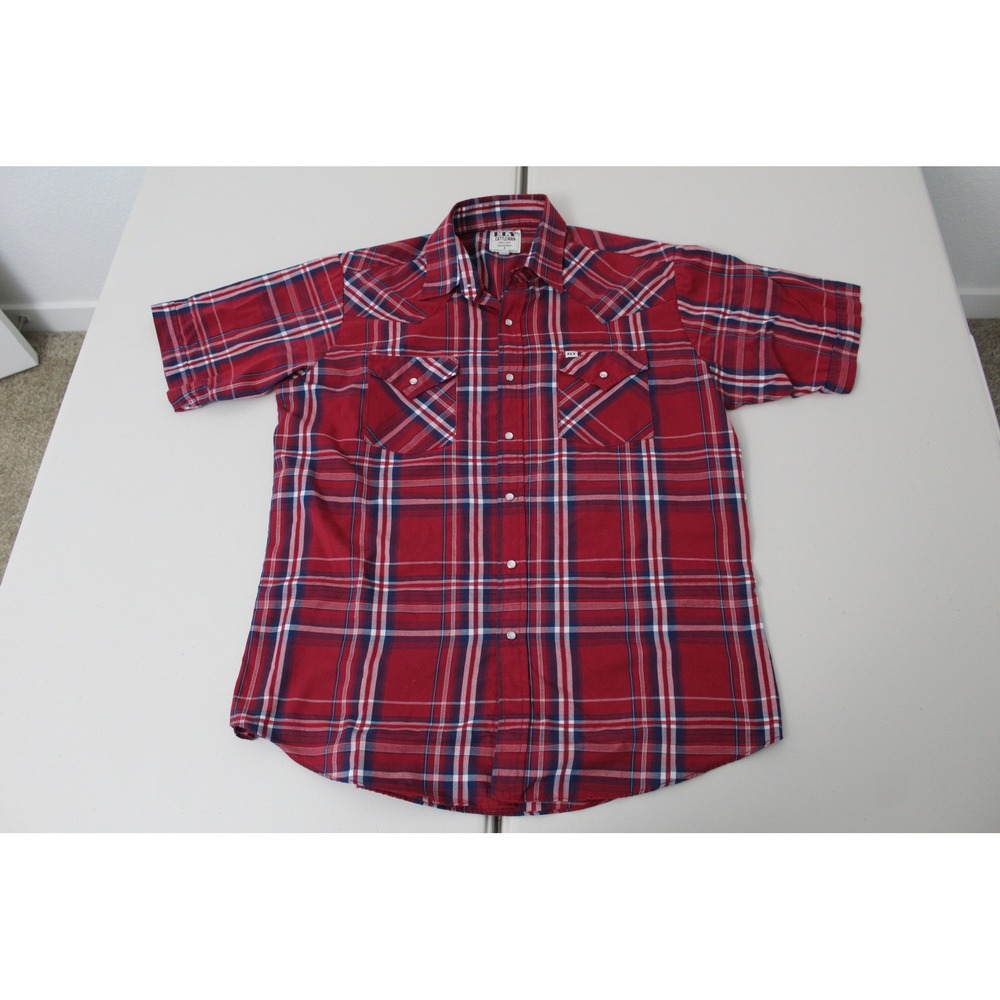 Ely Cattleman Mens Large Red Plaid Short Sleeve Western Pearl Snap Shirt